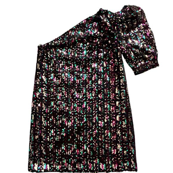 SABINA MUSAYEV Women’s Sequined One Shoulder Puff Sleeve Sparkly Mini Dress-Sz M - Picture 1 of 5